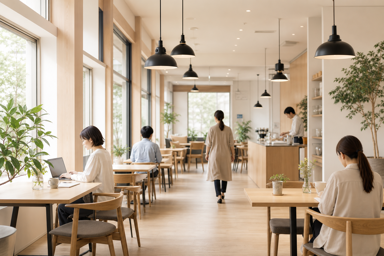 明るい木目と植物を取り入れた職場・店舗空間