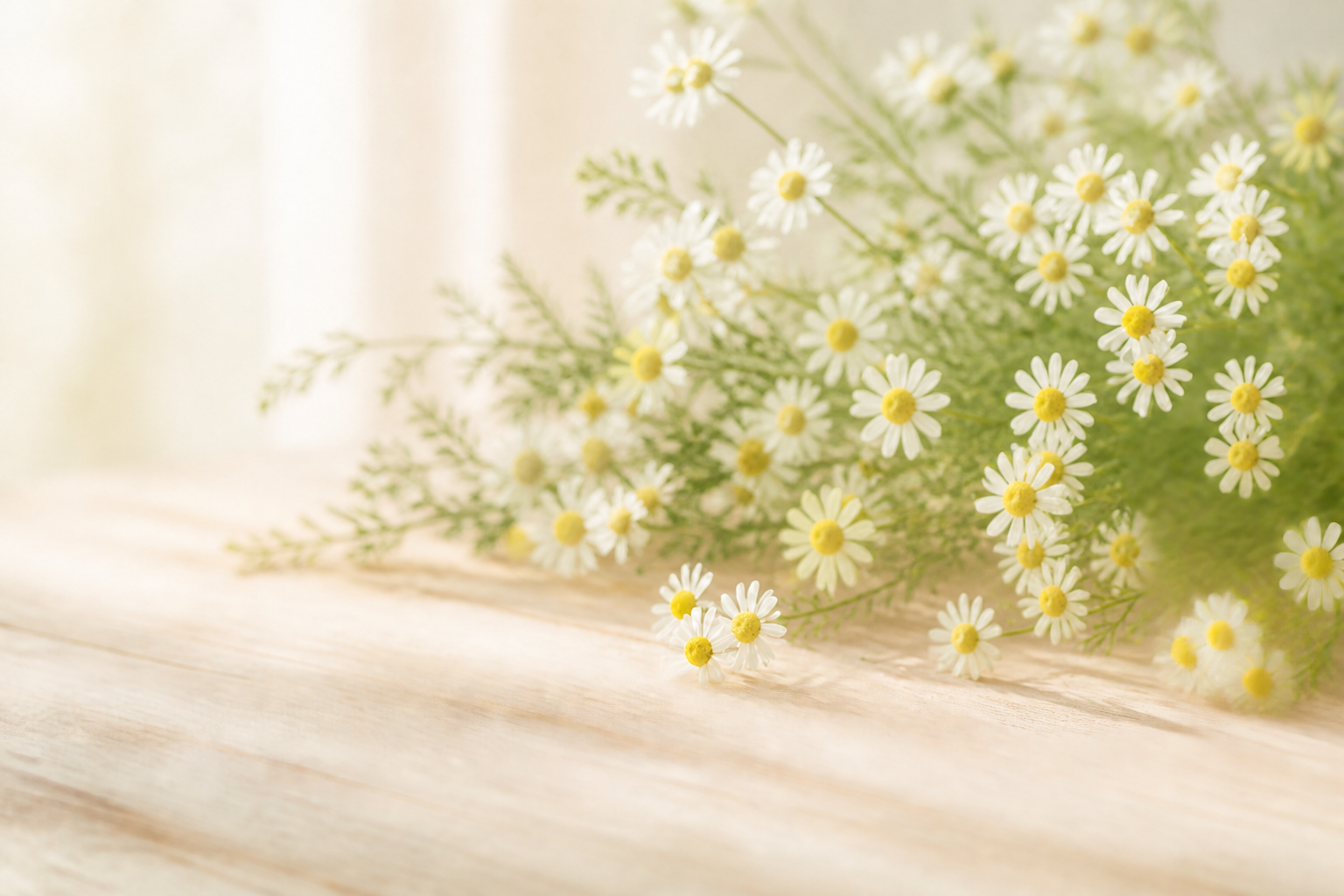 淡い木の台に広がる白いカモミールの花